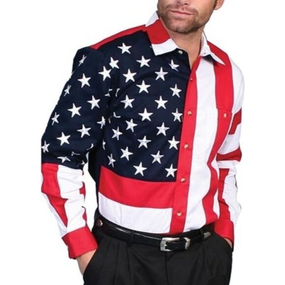 Scully Mens Big & Tall XXL USA Flag Stars & Stripes Embroidered Western Shirt - Picture 2 of 11